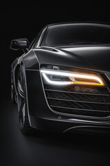 Sleek black luxury car with illuminated headlights in dramatic studio lighting
