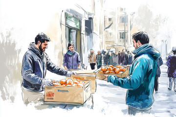 community service volunteers distribute food to the homeless