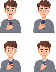 Fototapeta premium Young man holding smartphone showing various emotions including happiness, sadness, fear, and anger expression vector illustration 