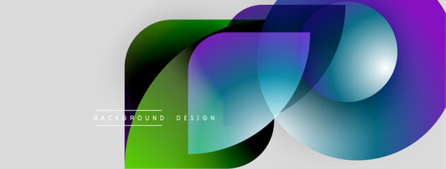 Abstract colorful shapes overlap creating dynamic visual effect. Gradient hues blend, forming modern background design. Smooth transitions present vibrant composition.