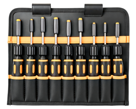 Black and orange screwdriver set in a roll-up case on a transparent background