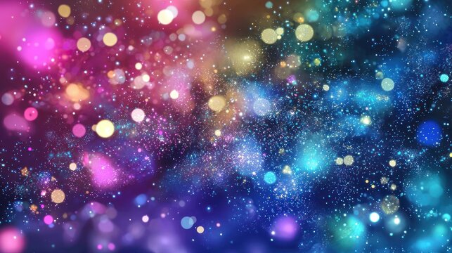 A vibrant, colorful abstract background with a mix of pink, blue, and purple hues, featuring a multitude of small, round, and glowing orbs scattered throughout.