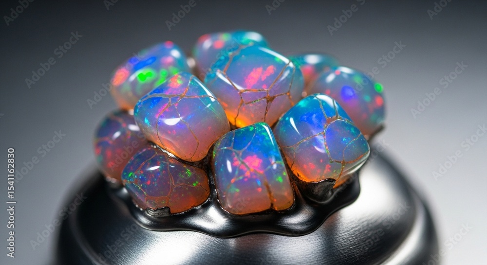 Poster a close up of a cluster of opals on a metallic stand showing their iridescent colors and unique text