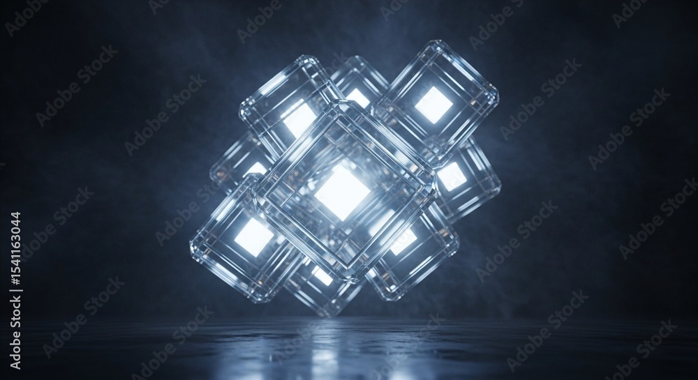 Poster a cluster of translucent cubes with glowing centers floating in a dark and smoky environment space s