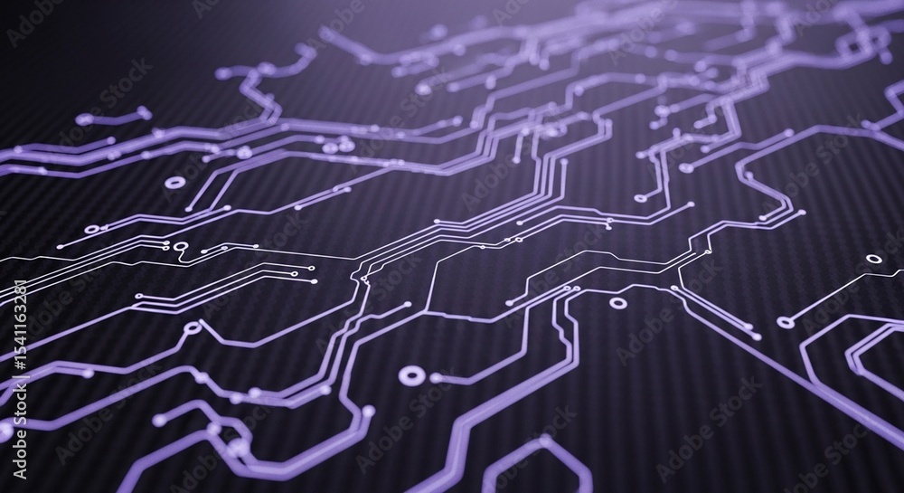 Poster A close up view of a purple circuit board with intricate lines and connections in a dark setting