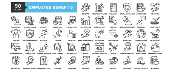 50 Employee Benefits icon set. Containing design Health Insurance, Wellness Program, Dental Insurance, Health Screenings, Adoption Assistance