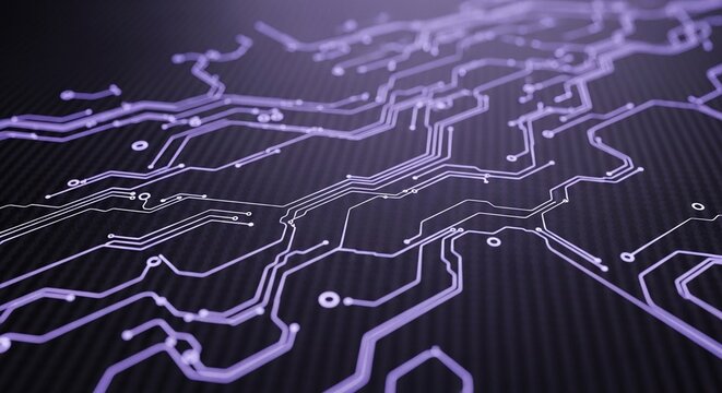 A close up view of a purple circuit board with intricate lines and connections in a dark setting
