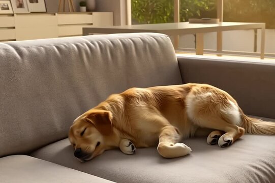 a cute golden retriever lying on a cozy sofa in a modern minimalist living room, soft morning light shining through large windows.