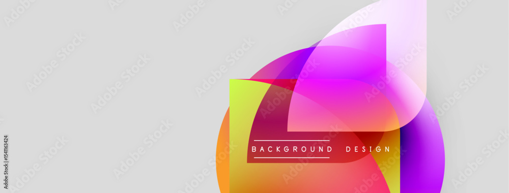 Poster Abstract colorful shapes overlap, creating dynamic visual effect. Background features gradients, text elements, modern design.