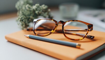A pair of glasses and a pen on an orange leather notepad, placed against the white desk surface with green plants in the background. The glasses' frame is made from brown plastic material, and there's