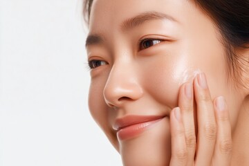 Radiant skin care: Woman gently applying moisturizing cream to her face, enhancing natural beauty with a smooth, healthy glow.
