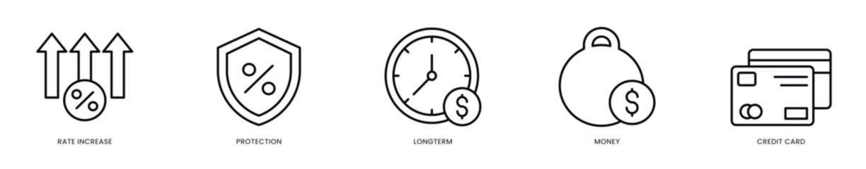 Editable Stroke Icons - Interest Rate Increase Financial Concept with Long-Term Money Protection  Credit Card Security Shield