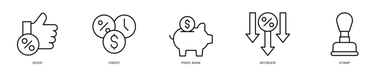 Editable Stroke Icons - Good Credit Score Concept with Piggy Bank Savings and Decrease Risk Stamp  Financial Health Illustration