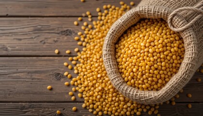 Yellow Lentils in Jute Bag on Wooden Table with Spilled Seeds