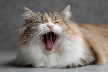 cat fluffy, with beautiful fur, yawns and the white healthy teeth of the cat.
