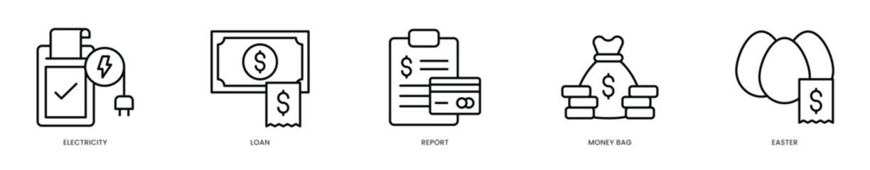 Editable Stroke Icons - Electricity Bill Payment & Loan Report Concept with Money Bag  Easter Financial Services Promotion