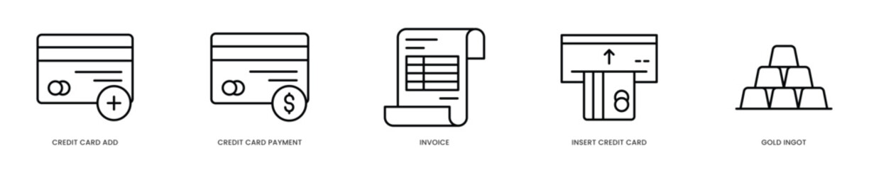 Editable Stroke Icons - Premium Credit Card Addition & Payment Process  Gold Ingot Security with Digital Invoice and Card Insertion
