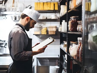 Owner checking inventory in restaurant kitchen, clipboard in hand, shelves of ingredients behind