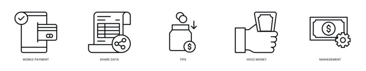 Editable Stroke Icons - Mobile Payment & Money Management Concept  Secure Data Sharing, Digital Tips and Financial Holding Solutions