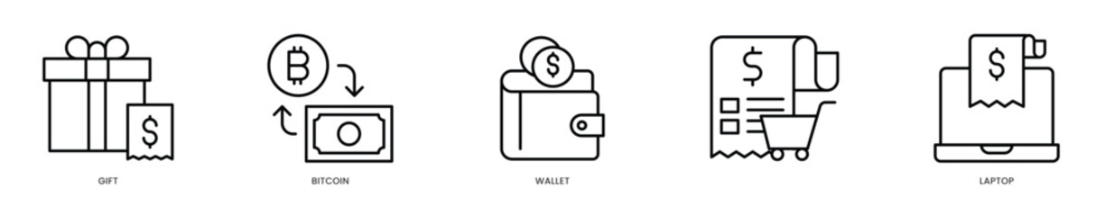 Editable Stroke Icons - Bitcoin Gift Card Concept  Digital Wallet & Laptop Crypto Transfer for Modern Payments
