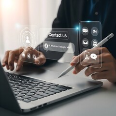 Chatbot conversation assistant. Person using online customer service with chat bot to get support. Artificial intelligence and CRM software technology, customer support center, CONTACT US 
