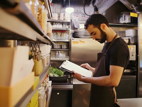 Owner checking inventory in restaurant kitchen, clipboard in hand, shelves of ingredients behind