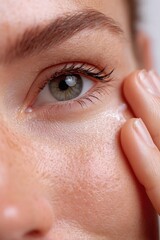 Close-up of a woman applying skincare product around her eye, emphasizing beauty, self-care and healthy skin in a simple, elegant shot.