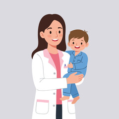 Female doctor holding smiling baby in blue outfit healthcare professional and child care vector illustration 