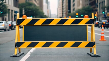 Road Barrier in Cityscape: A vivid yellow road barrier stands prominently on an urban thoroughfare.