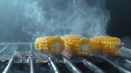Vintage Charcoal Barbecue Grilling Corn with Smoke Curling Upward