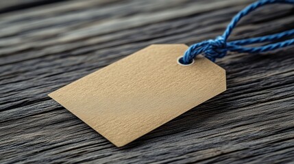 Blank Brown Price Tag on Wooden Surface with Blue Twine String