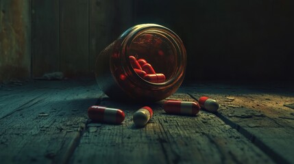 Red and White Capsules Spilled from a Glass Jar on Wooden Floor