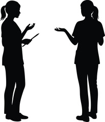 Fototapeta premium Two women silhouette standing and talking in casual pose vector illustration black and white 