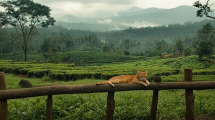 Relaxed Cat Enjoys Scenic Tea Plantation Landscape in Morning Mist
