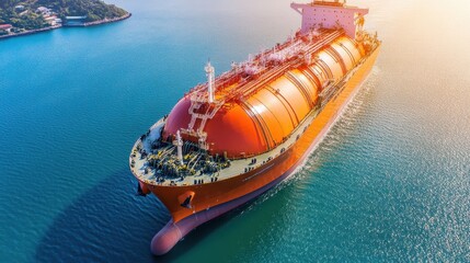 Fully Loaded Gas Carrier Moving Through Strait Between Islands