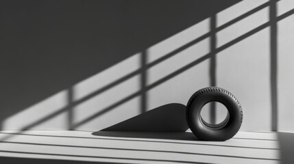 Minimalist Photograph of a Black Tire Casting Dramatic Shadows
