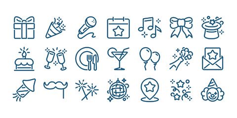 Party, celebration and event planning editable stroke outline icons set isolated on white background flat vector illustration.