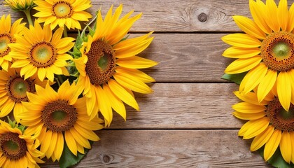 Obraz premium Vibrant sunflowers arranged on rustic wooden background 