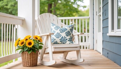 Cozy rocking chair with decorative pillow and sunflowers on porch  