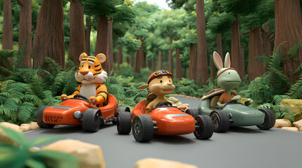 3d Cartoon of animals like tiger rabbit and turtle
