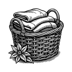 Obraz premium Illustration of Wicker Basket with Folded Cloth and Flower in Engraved Style