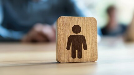 A wooden block with a human figure icon on it, placed on a wooden table with a blurred background of people.