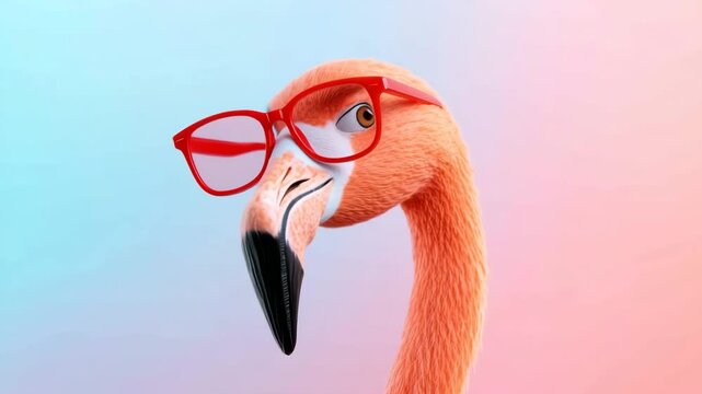 The flamingo slowly turns its head to look directly at the camera It blinks its eye once The colorful gradient background remains still