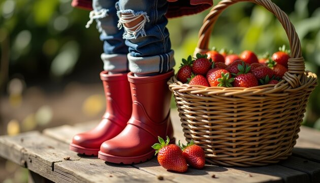 Child in red rubber boots standing next to basket of strawberries - Powered by Adobe