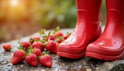 Red rubber boots beside freshly picked strawberries in garden