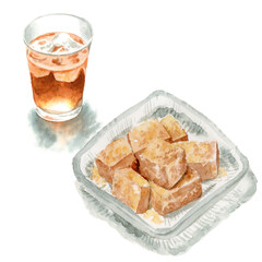 アナログ水彩わらびもちと麦茶