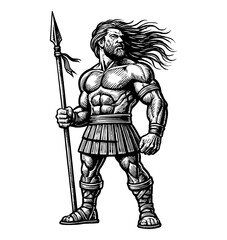 Obraz premium Strong Muscular Caucasian Warrior Holding Spear in Black and White Engraving Style Art
