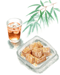 アナログ水彩わらびもちと麦茶と笹の葉