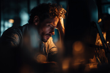 a sleepy man sitting at his desk with his head drooping vaguely