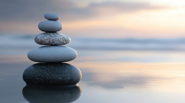 A stack of five pebbles on a beach at sunset.